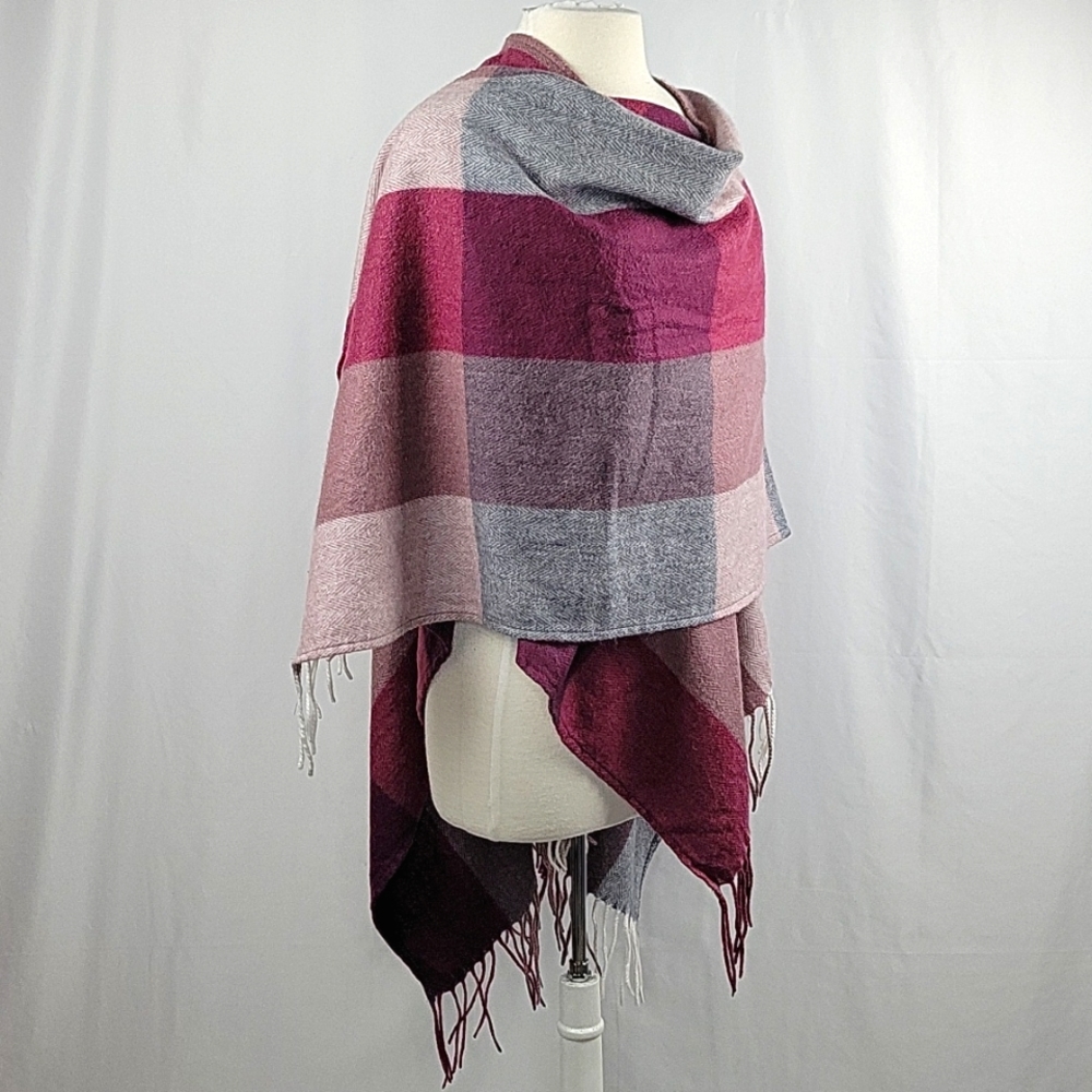 Woolrich Delphine Plum Plaid Open Wrap Poncho